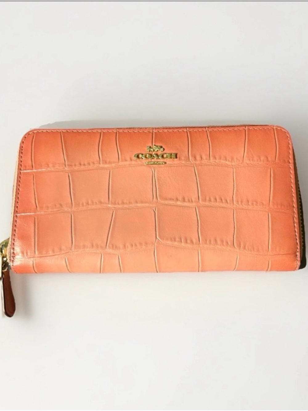 Coach Croc-Embossed Zip Wallet in Coral Peach with Gold Hardware